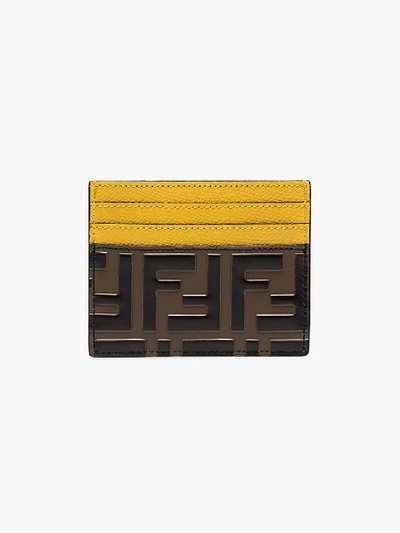 Shop Fendi Brown And Yellow Ff Logo Leather Card Holder