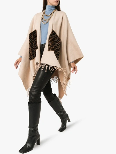 Shop Fendi Monogram Pocket Cashmere Wool Poncho In Neutrals