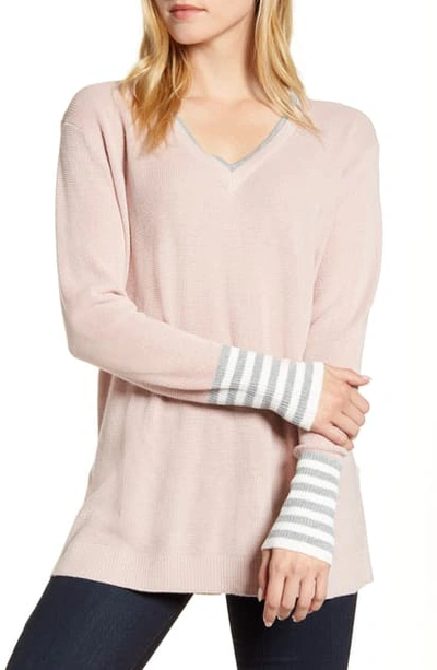 Shop Vince Camuto V-neck Stripe Cuff Sweater In Soft Pink