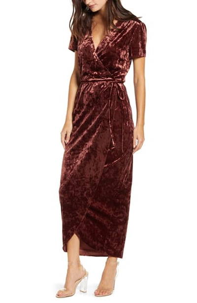 Shop Wayf Next To You Velvet Wrap Dress In Mahogany Knit Velvet