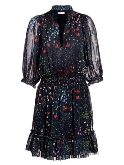 Shop Joie Shima Floral Puff-sleeve Dress In Midnight