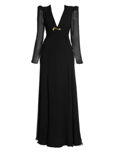 Shop Versace Long Silk Slit Evening Gown In Black