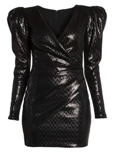 Shop Versace Sequin Wrap Front Puff-sleeve Mini Dress In Black