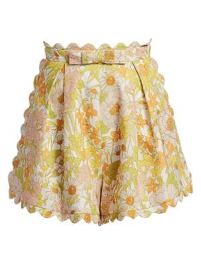 Shop Zimmermann Super 8 Floral Scalloped Linen Shorts In Pink Meadow