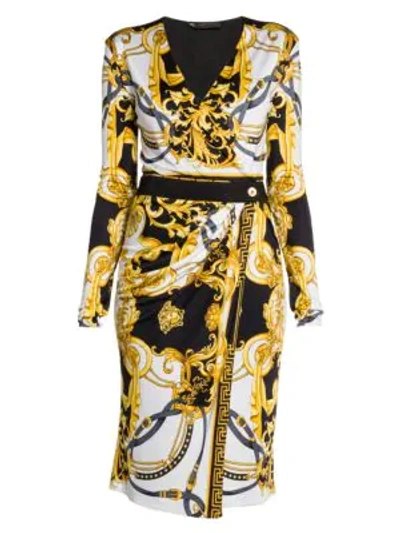 Shop Versace Rodeo Queen Wrapped Jersey Dress In White Multi