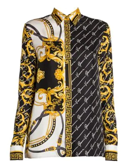 Shop Versace Gianni Rodeo Silk Collared Blouse In White Multi