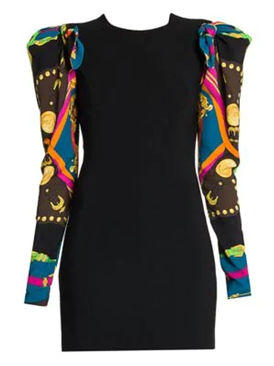 Shop Versace Rodeo Night Puff-sleeve Cady Dress In Black Multi