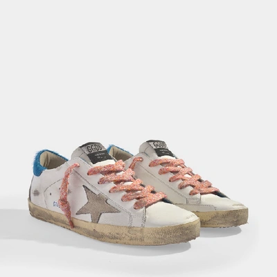 Shop Golden Goose Superstar Sneakers In White And Turquoise Leather With Cream Sole