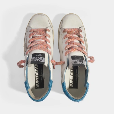 Shop Golden Goose Superstar Sneakers In White And Turquoise Leather With Cream Sole