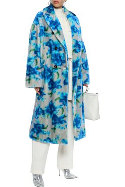 Shop Jil Sander Double-breasted Floral-print Mohair And Cotton-blend Coat In Bright Blue