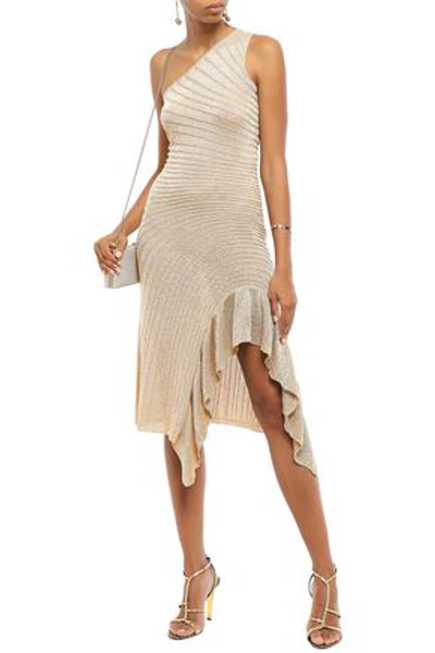 Shop Just Cavalli Ruffle-trimmed Ribbed-knit Dress In Gold