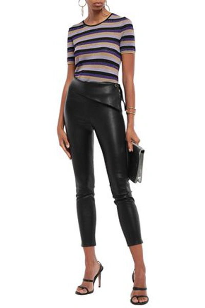Shop Just Cavalli Metallic Striped Ribbed-knit T-shirt In Violet