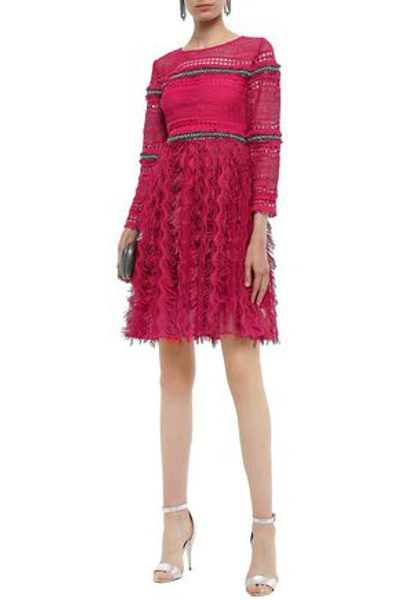 Shop Just Cavalli Woman Embellished Crochet And Embroidered Tulle Mini Dress Fuchsia