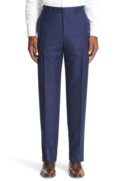 Shop Canali Flat Front Solid Wool Trousers In Navy