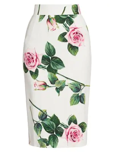 Shop Dolce & Gabbana Rose Print Cady Tubino Skirt In White Pink