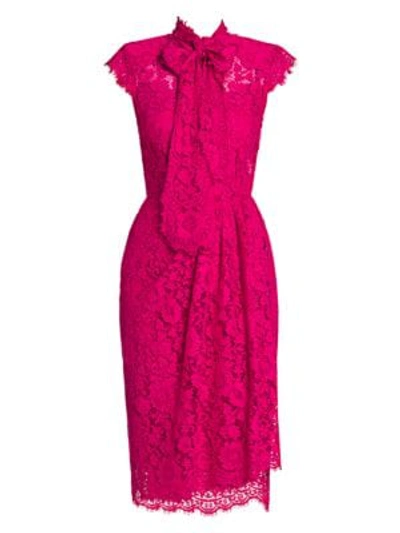 Shop Dolce & Gabbana Cap-sleeve Tie-neck Lace Sheath Dress In Pink