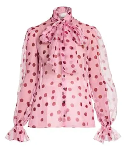 Shop Dolce & Gabbana Polka Dot Silk Organza Tieneck Blouse In Light Pink