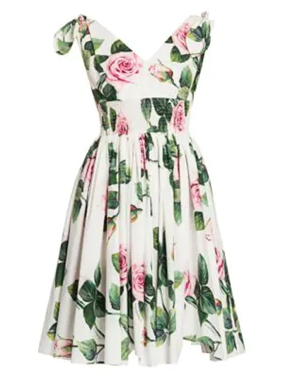 Shop Dolce & Gabbana Rose Print Tie-shoulder Fit-&-flare Dress In White Pink