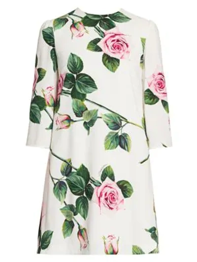 Shop Dolce & Gabbana Rose Print Three-quarter Sleeve Shift Dress In White Pink