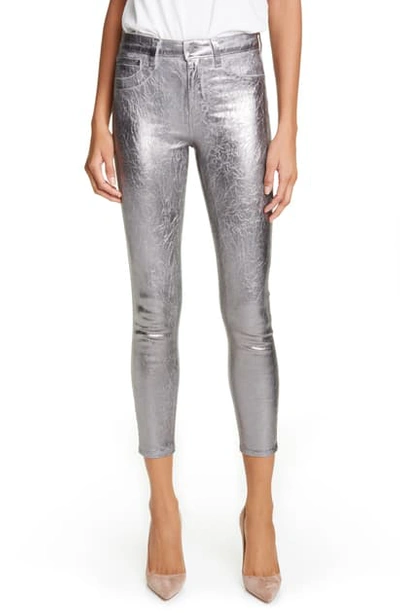 Shop L Agence Margot Metallic Coated Crop Skinny Jeans In Cloud/ Gunmetal Crkl Foil