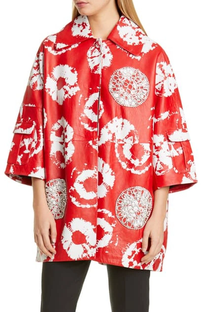 Shop Area Crystal Embellished Tie Dye Print Leather Cocoon Coat In Red / White
