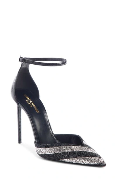 Shop Saint Laurent Crystal Stripe & Genuine Snakeskin Pump In Black/ Silver