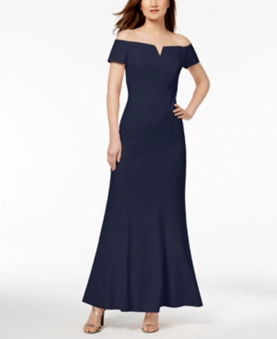 Shop Calvin Klein Notched Off-the-shoulder Gown In Twilight Blue