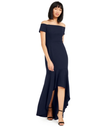 Shop Calvin Klein Off-the-shoulder High-low Gown In Twilight Blue