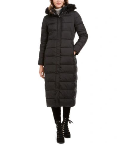 Shop Calvin Klein Faux-fur-trim Hooded Maxi Puffer Coat In Black
