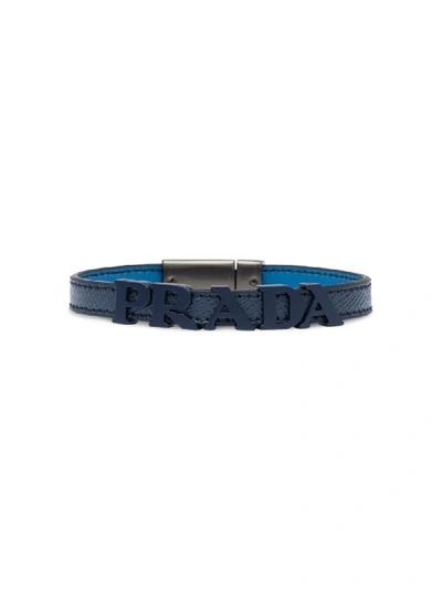 Shop Prada Logo Detail Leather Bracelet In Blue