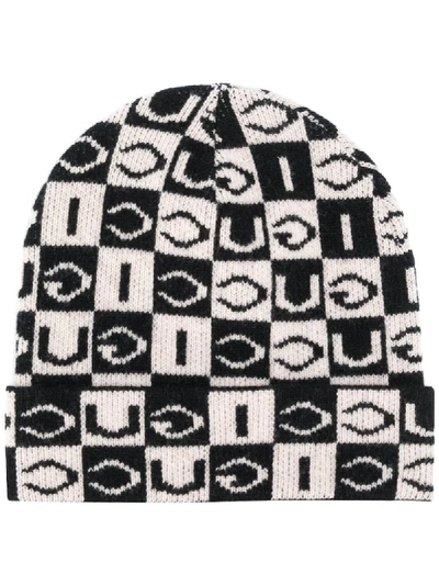 Shop Gucci Logo Knit Checkerboard Beanie In Black