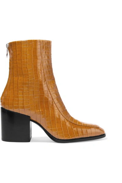 Shop Aeyde Lidia Glossed Croc-effect Leather Ankle Boots In Mustard