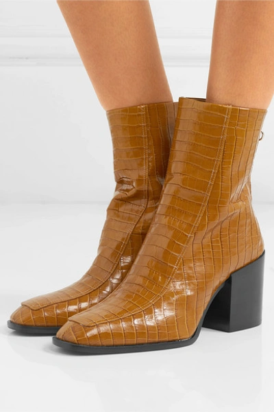 Shop Aeyde Lidia Glossed Croc-effect Leather Ankle Boots In Mustard