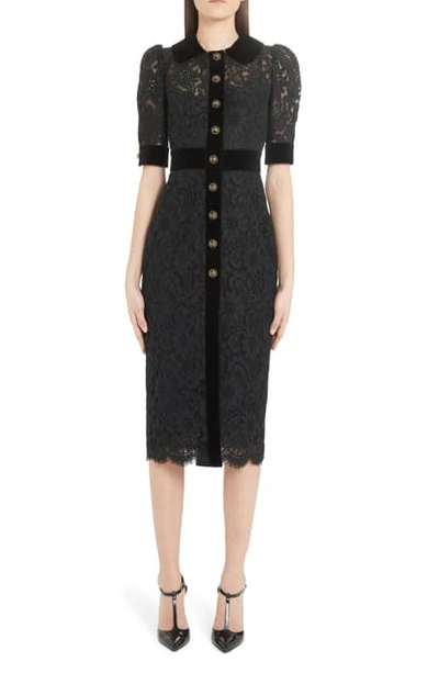 Shop Dolce & Gabbana Velvet Trim Lace Dress In Black