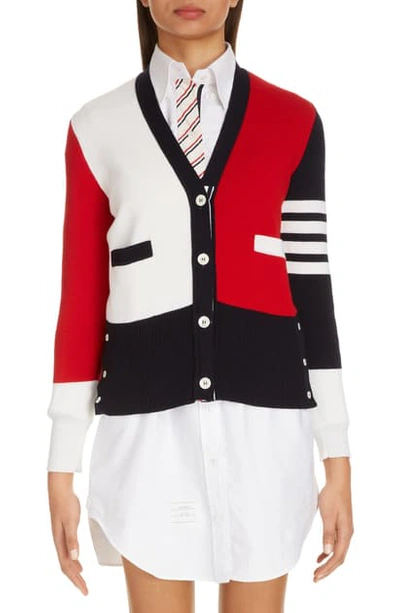 Shop Thom Browne 4-bar Colorblock Wool Cardigan In Red/ White