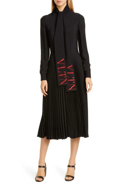 Shop Valentino Vltn Logo Tie Neck Long Sleeve Midi Dress In Black/ Red