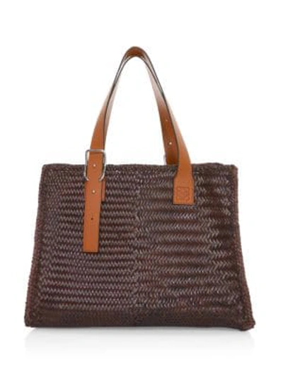 Shop Loewe Woven Leather Buckle Tote In Brunette