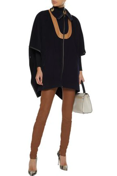 Shop Derek Lam Woman Leather-trimmed Ribbed Knit-paneled Wool And Mohair-blend Cape Midnight Blue