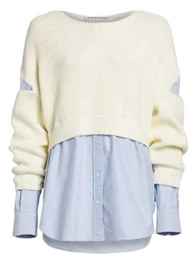 Shop Alexander Wang T Mixed-media Cotton Poplin Ribbed Top In Ivory