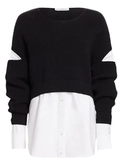 Shop Alexander Wang T Mixed-media Cotton Poplin Ribbed Top In Black White