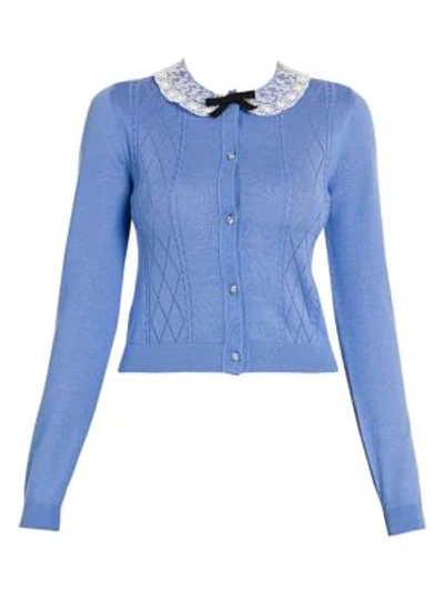 Shop Miu Miu Women's Lace-collar Pointelle-knit Cashmere Cardigan In Azzurro Blue