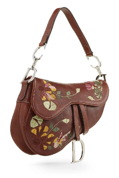 Pre-owned Dior Brown Floral Embroidered Leather Saddle Bag