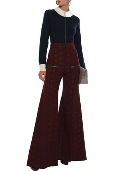 Shop Chloé Embroidered Stretch-wool Flared Pants In Brick