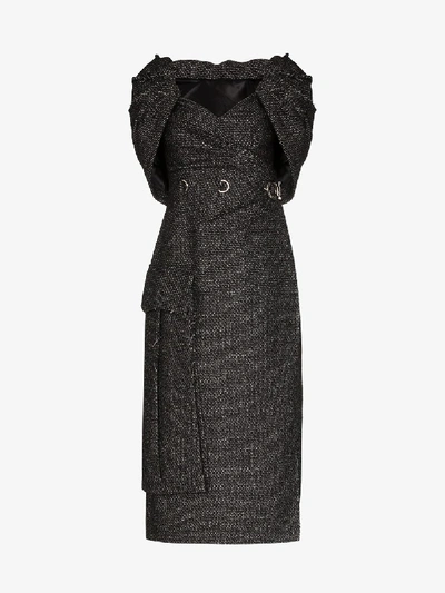 Shop Prada Tweed Off-the-shoulder Midi Dress In Black