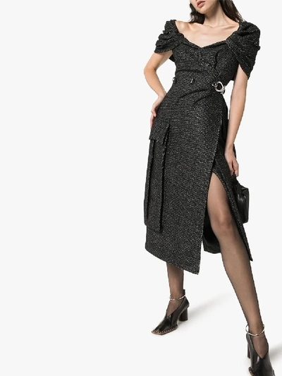 Shop Prada Tweed Off-the-shoulder Midi Dress In Black