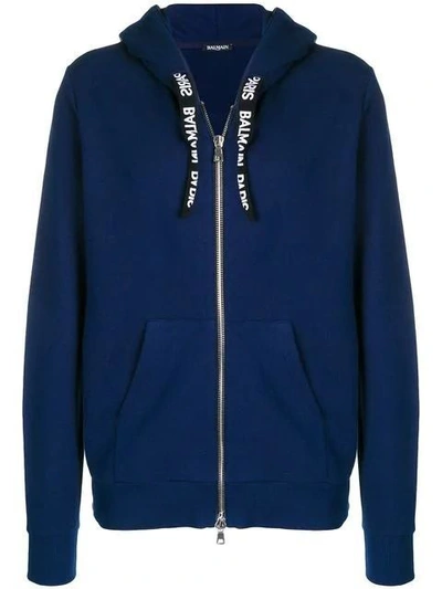 Shop Balmain Logo Drawstring Hooded Sweater In Blue