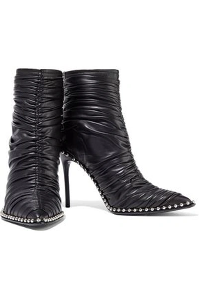 Shop Alexander Wang Eri Studded Ruched Leather Ankle Boots In Black