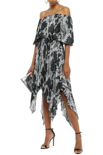 Shop Just Cavalli Asymmetric Off-the-shoulder Snake-print Crepe De Chine Dress In Animal Print