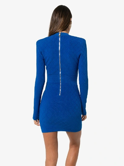 Shop Balmain Diamond Knit Mini Dress In Blue