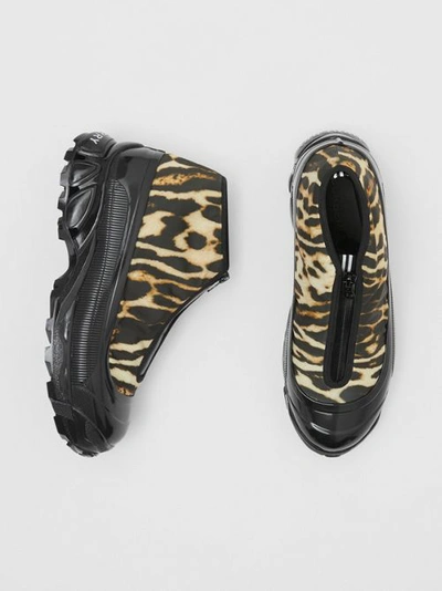 Shop Burberry Leopard Print Nylon And Suede Arthur Sneakers In Camel